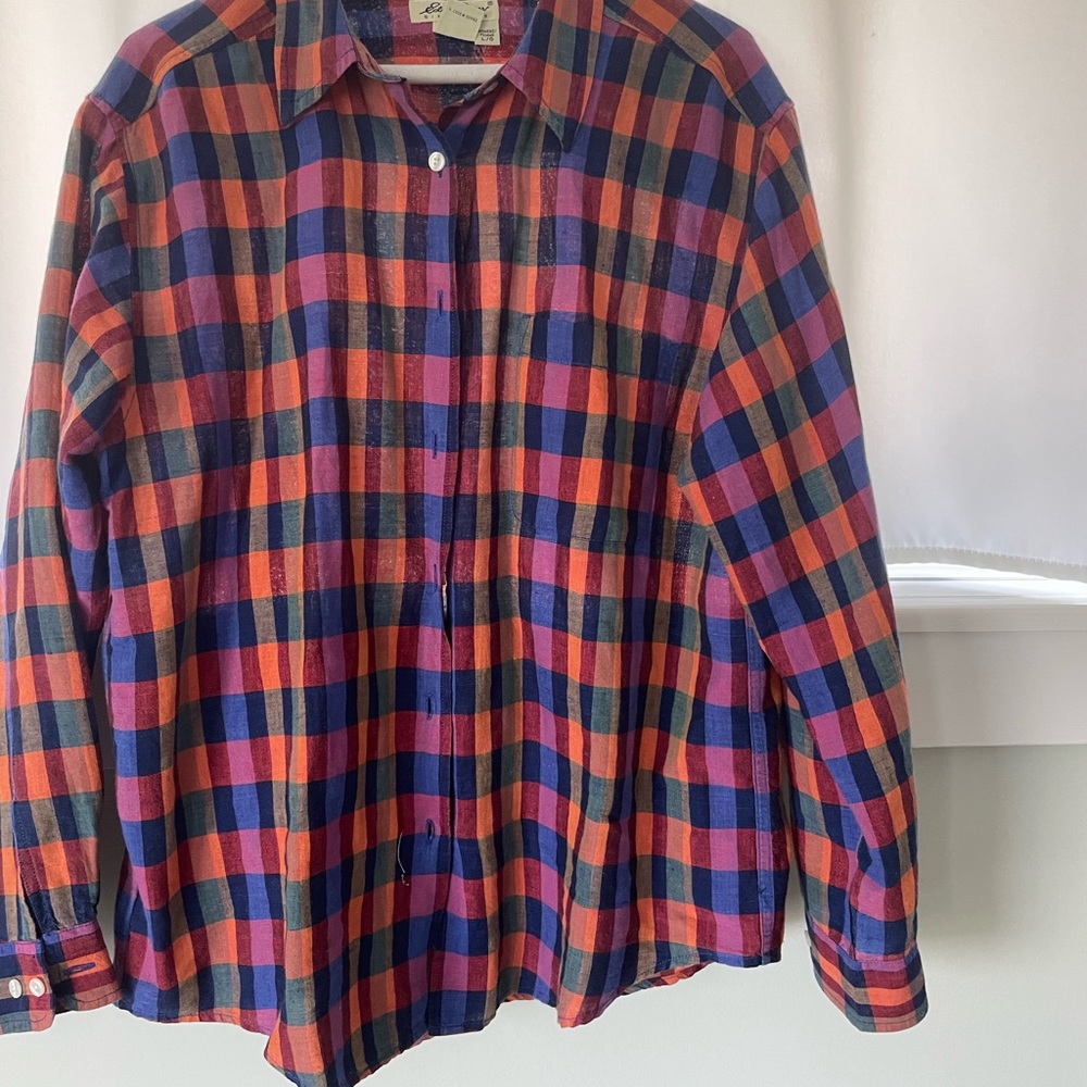 Bright plaid linen shirt. 65% linen and 35 % cotton, made in Sri Lanka.